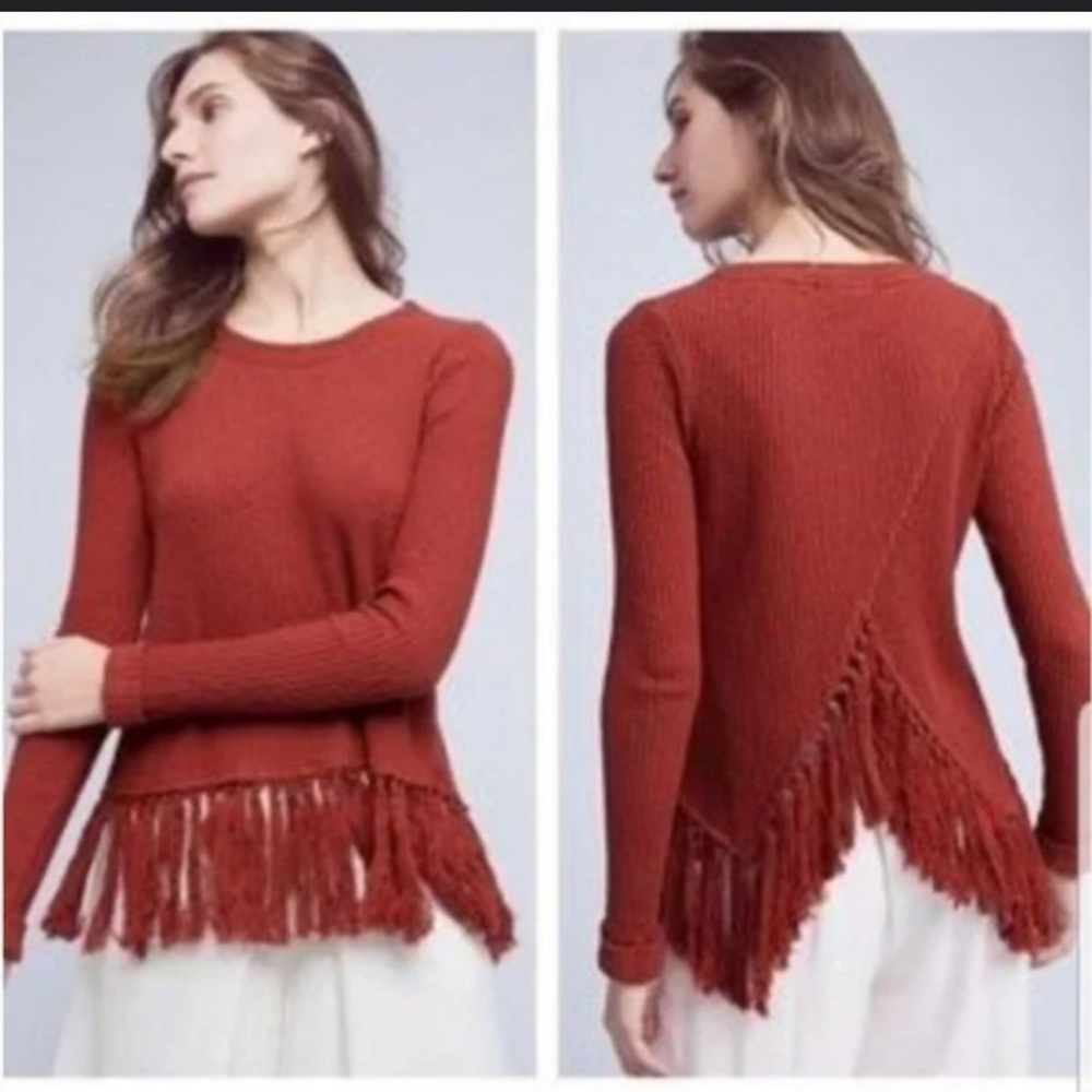 Anthropologie Eri+Ali Scoop Neck Burnt Orange Cuffed Sleeves Fringe Sweater sz S